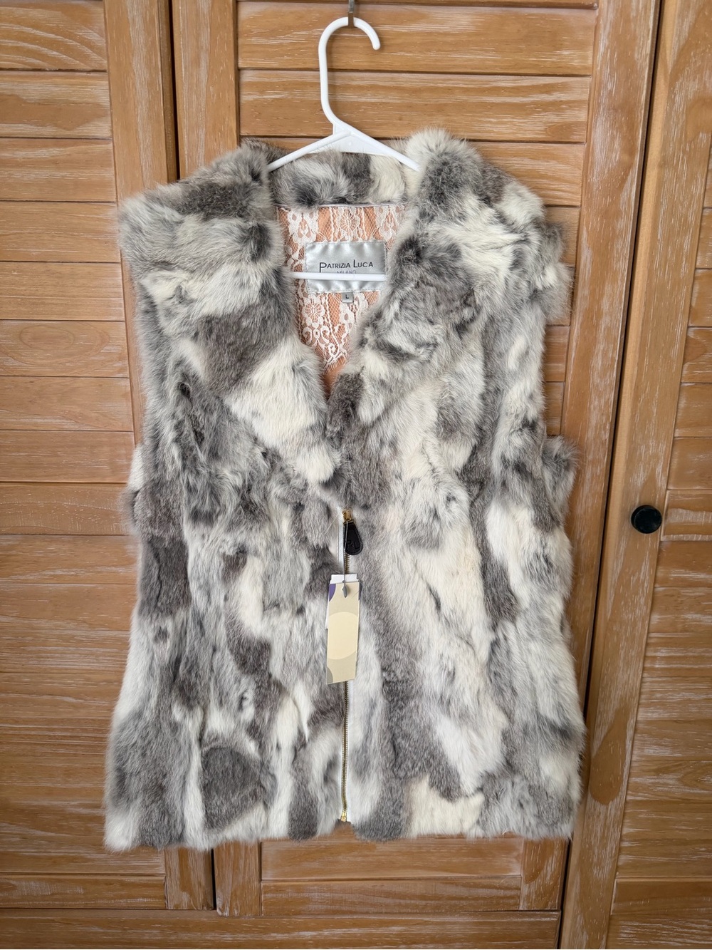 Patrizia Luca Gray and White Genuine Rabbit Fur Zip Vest